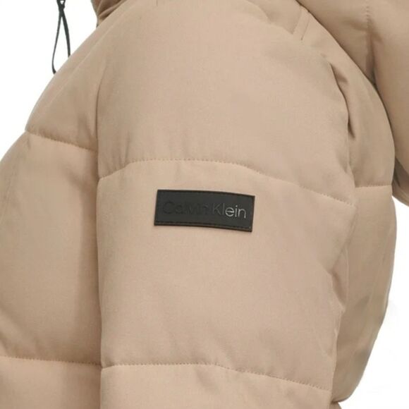Calvin Klein Women XXL Heavyweight Oxford Puffer Jacket 2-Way Zip Hooded Tan NWT - Picture 4 of 5